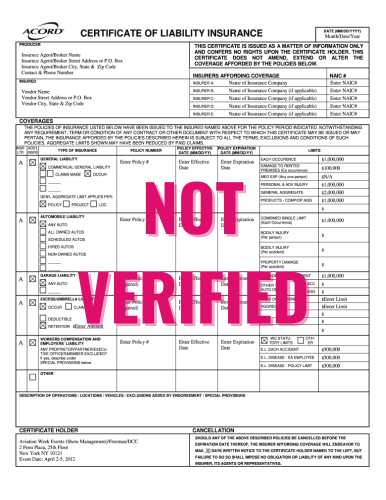 Not Verified COI - Certificate of Insurance